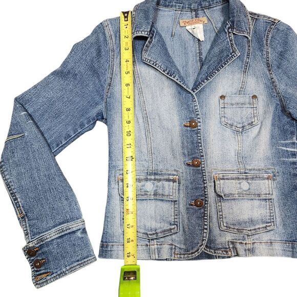 Vintage Y2k Paris Blues Jean Jacket 90s Denim Blazer Blue Faded Fitted Burnout S - Picture 10 of 11